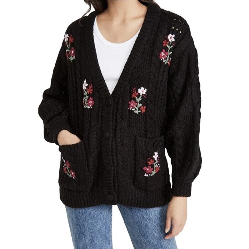 For Love & Lemons Black Amaryllis Oversized Floral Button Down Cardigan